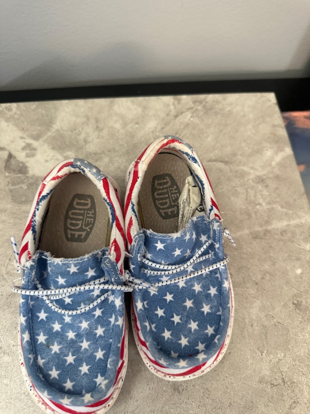 Hey Dude Kids Blue Star Print Slip-On Sneakers with Red Stripe Trim
